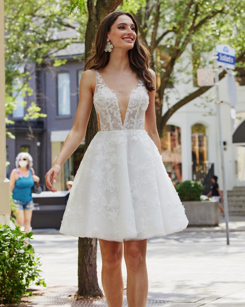 Aa2316 puff sleeve short wedding dress with pockets and tank straps3
